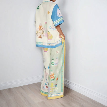 European and American cross-border 2025 independent station AliExpress fashion personality graffiti print color-blocking vacation leisure tether set