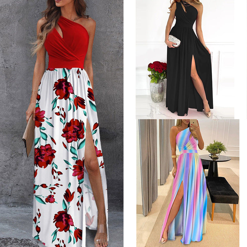 Cross-border Amazon European and American women's clothing 2026 slanted shoulder long skirt temperament sleeveless sexy high-waisted slit European and American dress