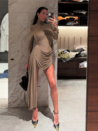 Foreign trade European and American style autumn and winter new women's temperament solid color long sleeves open back pleated streamer slim hip wrap dress