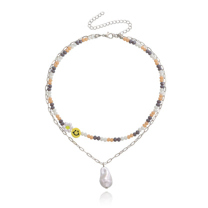 European and American cross-border jewelry, fashion double-layer crystal paper clip, smiley face, special-shaped pearl pendant necklace, female fairy style