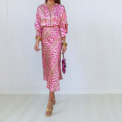 2026 spring new cross-border European and beautiful clothing fashionable commuting temperament elegant V-neck long sleeve printed time set