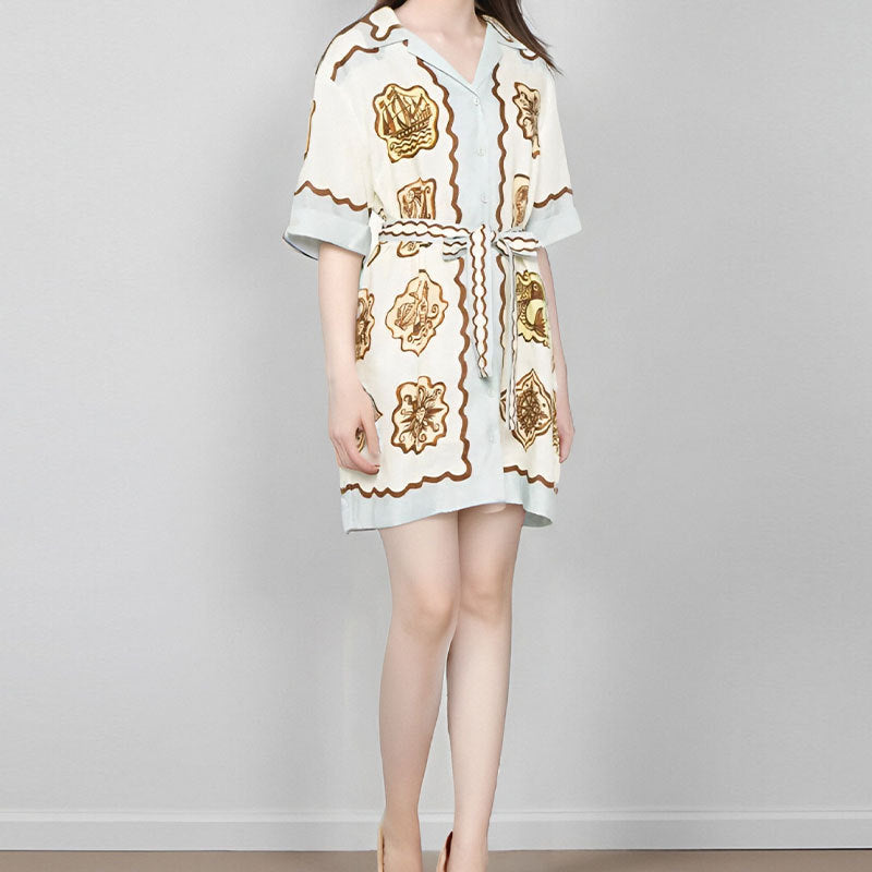 2026 spring new cross-border Amazon European and American fashion printed temperament lapel strap short-sleeved dress