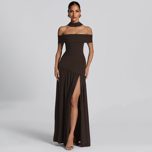 Cross-border autumn new women's sexy high slit backless dress temperament solid color one-shoulder bandeau skirt for women - view 2 | Ciaura