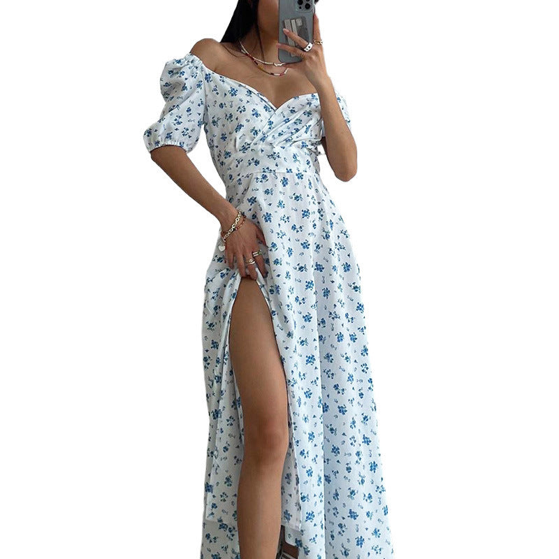 Dopamine outfit 2026 new European and American dress sexy V-neck puff sleeve French elegant floral dress