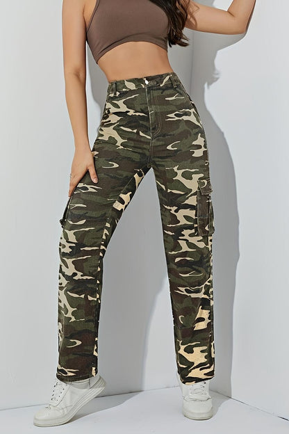 Spring and Autumn new camouflage workwear high-waisted temperament straight denim trousers women's slacks are versatile