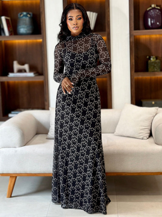 Vestido casual plus size para menina estampado, com gola alta, manga comprida e cintura ajustada, em diferentes tamanhos, inspirado na moda africana, europeia e americana.