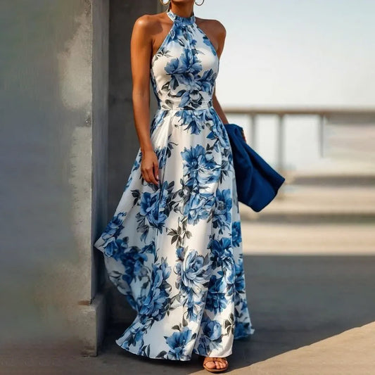 Spring 2026 Amazon's new cross-border European and American clothing temperament is elegant and sexy printed long swing dress