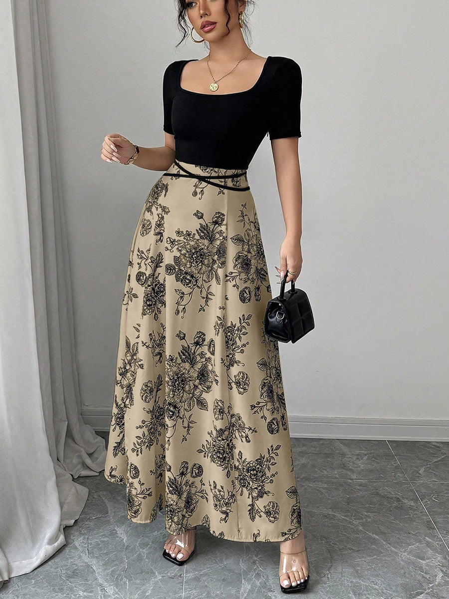 2025 Summer Women’s Slimming Contrast Short Sleeve Maxi Dress – European & American Cross-Border Beach Resort Slip Skirt Style