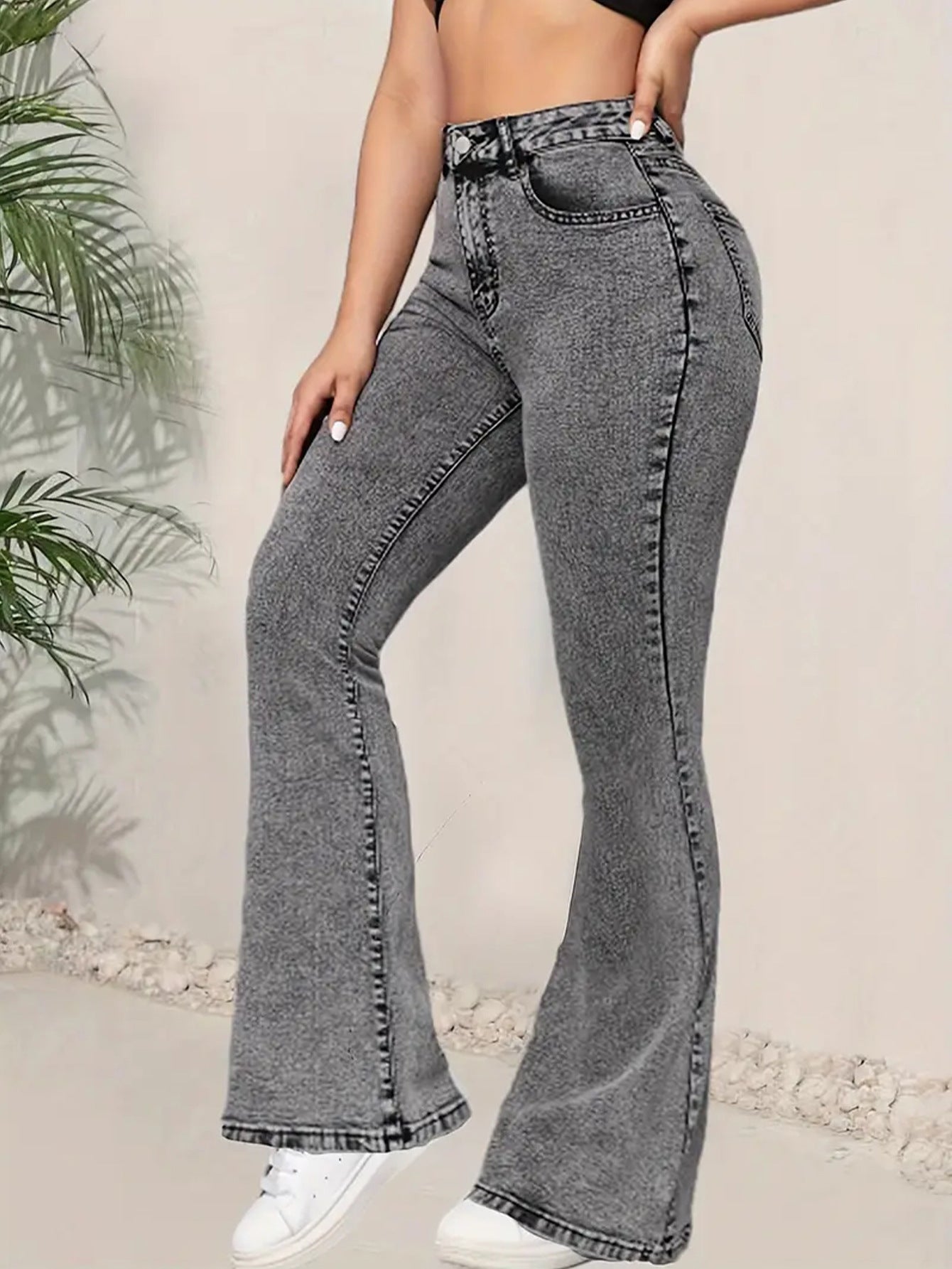 Cross-border foreign trade dark gray women's jeans slim slim multifunctional design high waisted denim flared pants JEANS