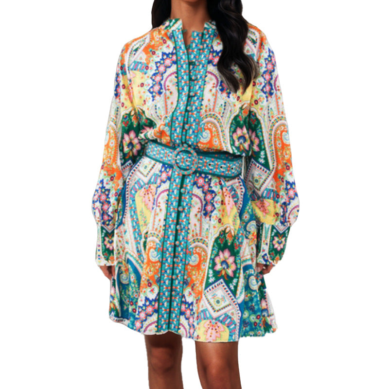 2025 Amazon Foreign Trade European and American Cross-border Women's French Vintage Print V-neck Long Sleeve Pleated European and American Dress