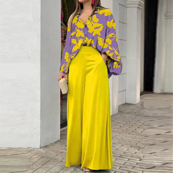2026 spring new cross-border European and beautiful printed shirts with elegant temperament and wide-leg pants fashion casual suits