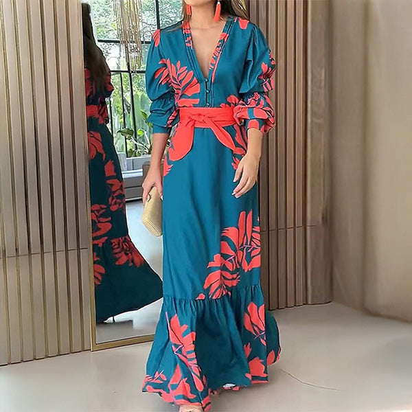 2026 spring new cross-border European and beautiful fashion temperament printed hundred towers long skirt lace-up waist dress
