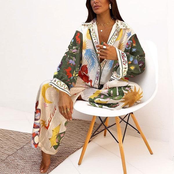 Spring 2026 New Cross-border European Women's Clothing Printed Crew Neck Loose Bat Sleeve Waist Wide-leg Pants Fashion Suit