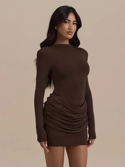 Cross-border autumn new women's solid color round pleated slim hip skirt long sleeves waist slimming temperament dress