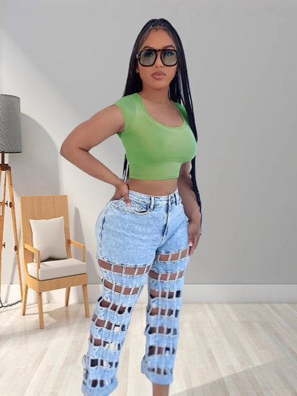European and American women's ripped jeans Amazon cross-border women's new street fashion hollow high-waisted straight-leg pants