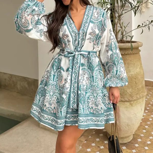 2026 Spring New Amazon European Women's Clothing Elegant and Fashionable V-Neck Loose Lace-Up Waist Dress