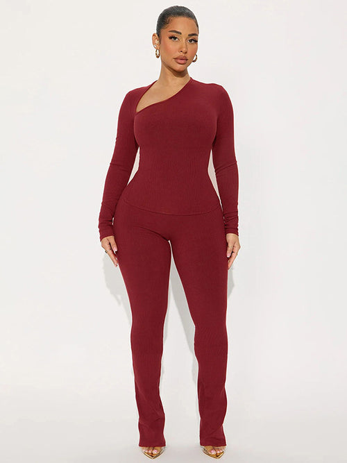 Foreign trade autumn and winter new European and beautiful clothing fashion slanted collar off-the-shoulder solid color base top high-waisted skinny trouser suit