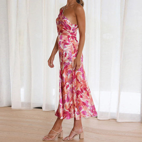 Cross-border 2025 Amazon European and American commuting simple fashion temperament diagonal collar suspender fishtail print dress