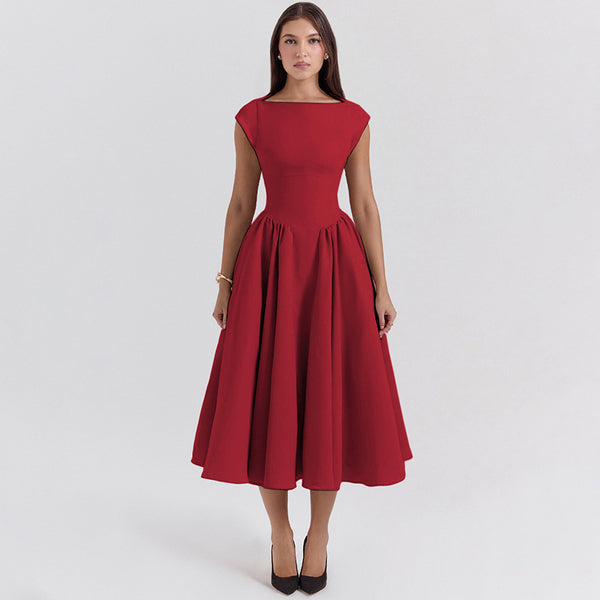 Foreign trade 2025 spring and summer new European and beautiful clothing temperament solid color crew neck open back slim waist slim swing dress for women