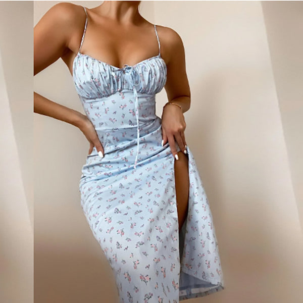 2026 Amazon European and American foreign trade women's cross-border fashion floral sexy lace-up waist slit slip dress