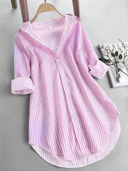 New Amazon export European and American women's clothing, classic striped top, loose casual long-sleeve plus-size shirt with stripes
