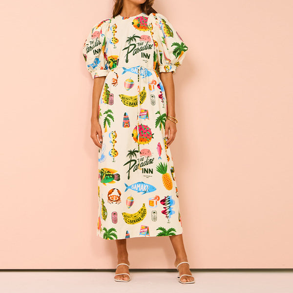 Spring 2026 new cross-border independent station AliExpress printed puff sleeve loose casual lace-up slit dress