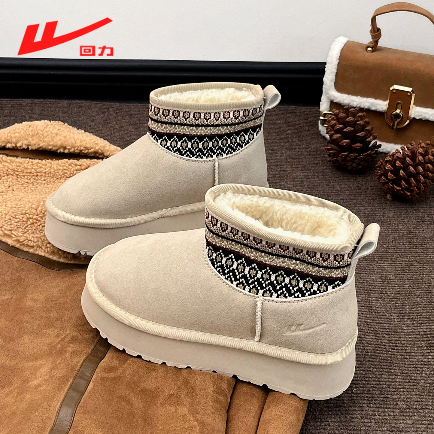 Warrior women's snow boots, 2025 new winter fleece-lined thickened warm cotton shoes, thick-soled fashionable cute board shoes