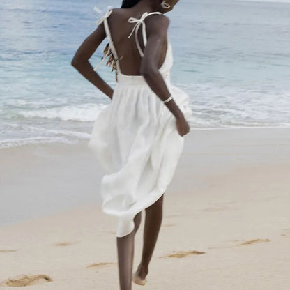 2026 Spring New Cross-border Women's Temperament Elegant V-Neck Suspender Sleeveless Sexy Open Back Solid Color Dress