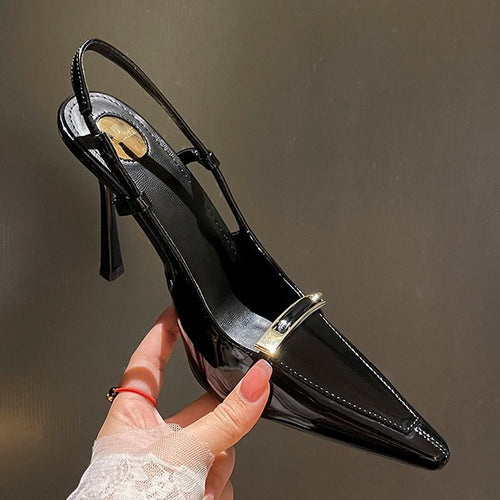 YX2026 Autumn European and American New Metal Buckle Pointed Toe Stiletto Heel Sandals Patent Leather Sexy Back Hollow Toe Pumps Women's Shoes