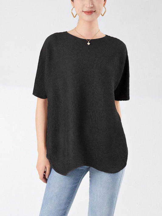 宽松显瘦褶皱上衣女五分袖大码女装仿毛衣叠穿针织衫秋季高级感