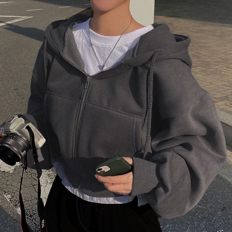 2025 new European and American jacket temperament elegant solid color lazy style hooded sports sweatshirt women's jacket 661