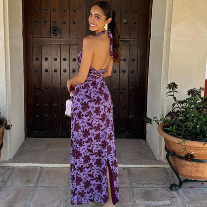 Cross-border Amazon 2025 spring summer new European and American women's print halterneck tie sexy backless slim dress