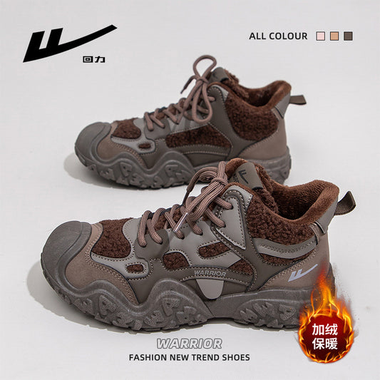 Huili high-top fashion trend fleece women's shoes lace-up thick sole comfortable two cotton shoes women's retro versatile warm shoes