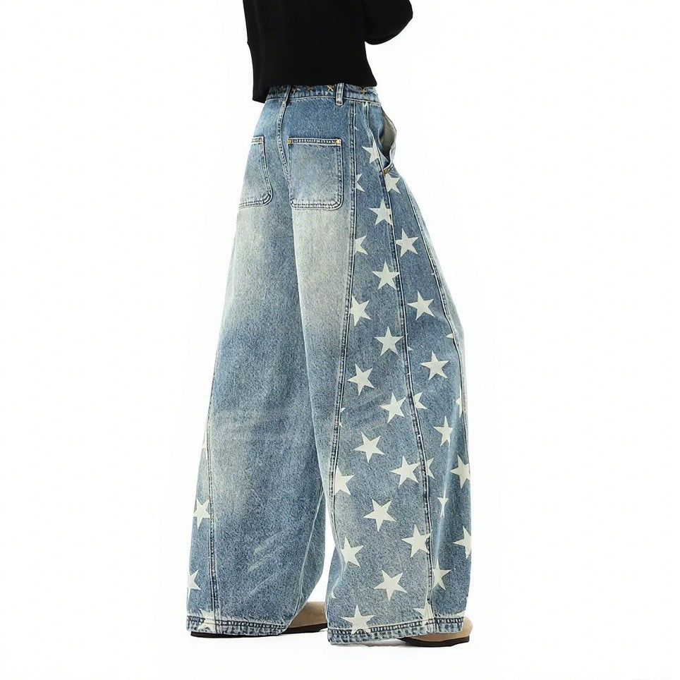 Summer American fashion brand five-star print scimitar jeans women's trend oversize loose wide-leg denim trousers