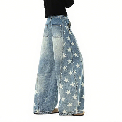 Summer American fashion brand five-star print scimitar jeans women's trend oversize loose wide-leg denim trousers