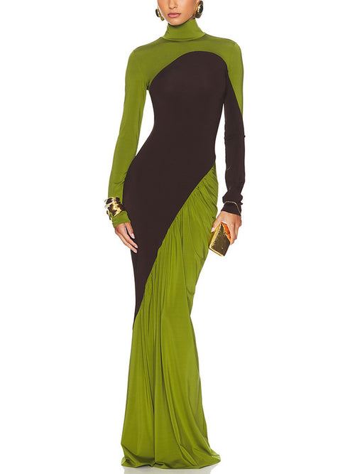 Foreign trade autumn and winter new European and beautiful fashion contrast splicing high neck long sleeve pleated slim hip dress for women