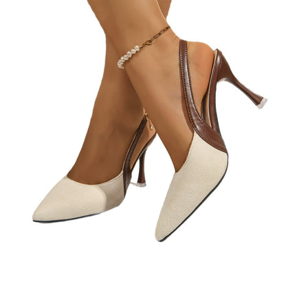 Francês apontado dedo do pé color-bloqueando moda salto alto sandálias bun toe sandálias mulheres 2025 nova primavera e verão sapatos de salto fino além-fronteiras