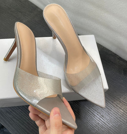 WO Huizhou New European and American Shoes Simple Nude Transparent One-Line High Heels Thin Heels Pointed Toes Are Not Tiring Feet and Versatile