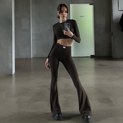 Cross-border European and beautiful clothing autumn and winter new temperament, solid color long-sleeved crop top, high-waisted loose bootcut pants, two-piece set
