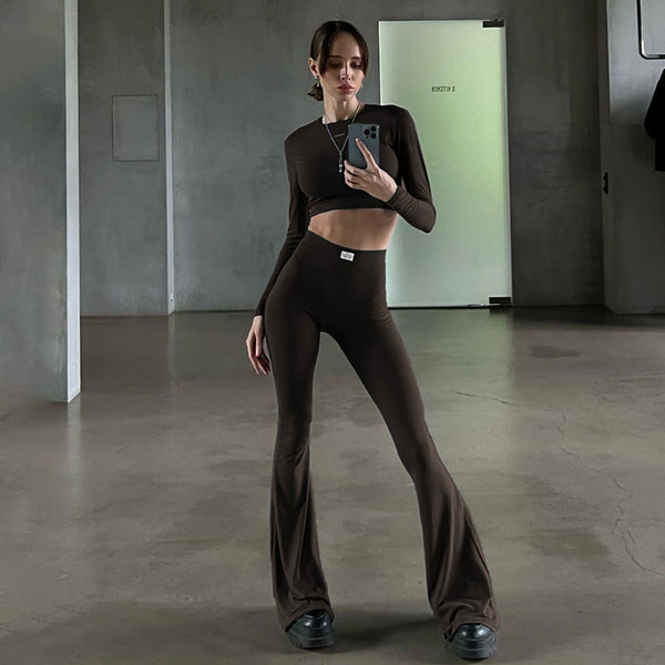 Cross-border European and beautiful clothing autumn and winter new temperament, solid color long-sleeved crop top, high-waisted loose bootcut pants, two-piece set