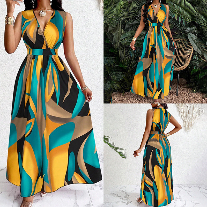 2026 Amazon cross-border new European and American women's clothing temperament is elegant and fashionable, sexy printed sleeveless V-neck dress