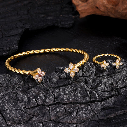Open copper inlaid zirconia four-leaf clover diamond fashionable commuting simple versatile elegant bracelet ring set for women
