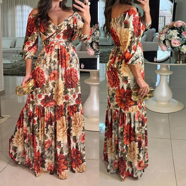 2025 Amazon Summer New European and American Women's Foreign Trade Dress Fashionable and Elegant Printed Lace-up V-Neck Swing Dress