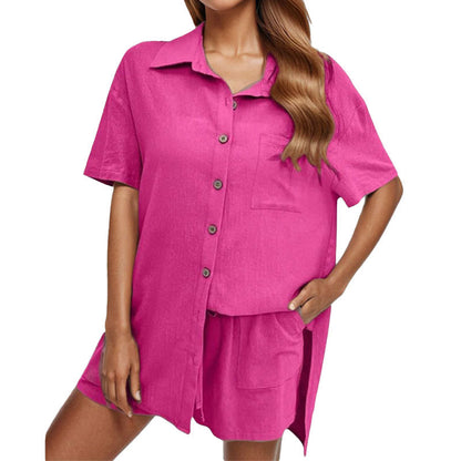 Amazon 2026 New Fashion Solid Color Shirt Women's Casual Temperament Short Sleeve Single-Breasted Shorts Two-Piece Set