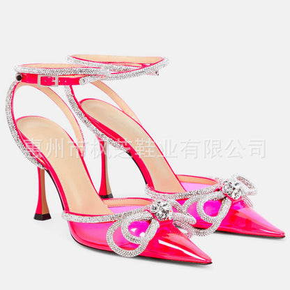 Transparent bow rhinestone high heel sandals pointed toe stiletto heels fashion European and American cross-border European and American style