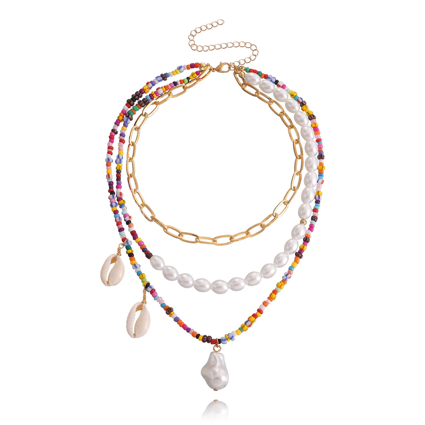 European and American cross-border jewelry bohemian multi-layer trend color rice beads special-shaped pearl shell pendant necklace women