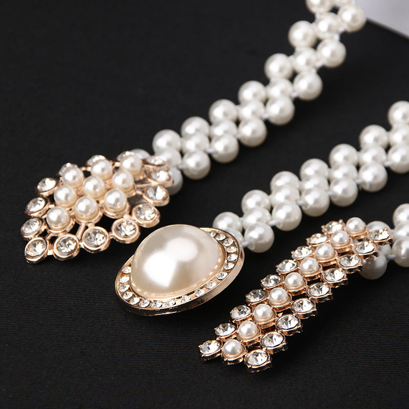 Ladies Pearl Belt Korean Version Rhinestone Pearl Embellished Belt Fashion Sweet Dress Elastic Belt Women Wholesale