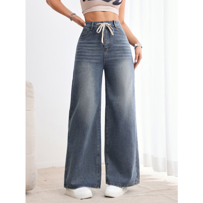 TEMU American Vintage Wide-Leg Jeans Women's Washed Drawstring High Waist Loose Drape Straight Jeans JEANS
