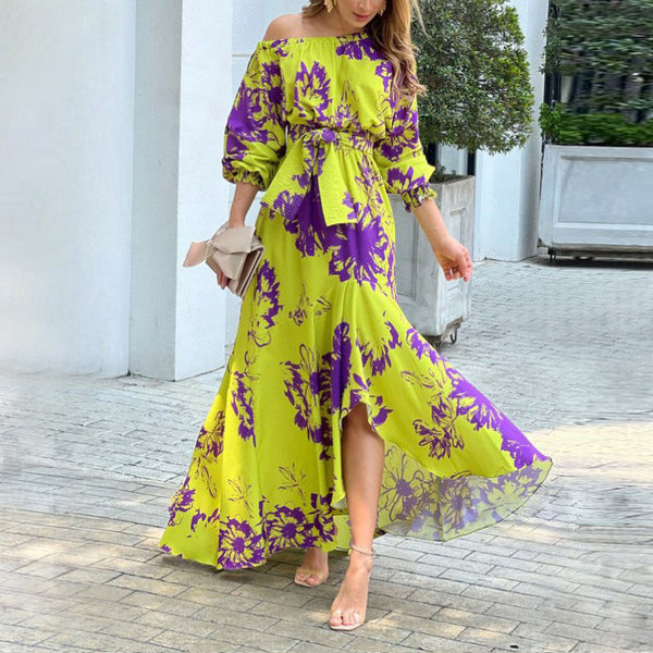 2026 spring new cross-border European and American fashion casual color contrast print splicing pleated waist dress long skirt women