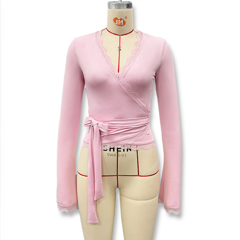 Cross-border Y2K pre-autumn new women's European and American style sexy lace lace strappy top slim long-sleeved base shirt